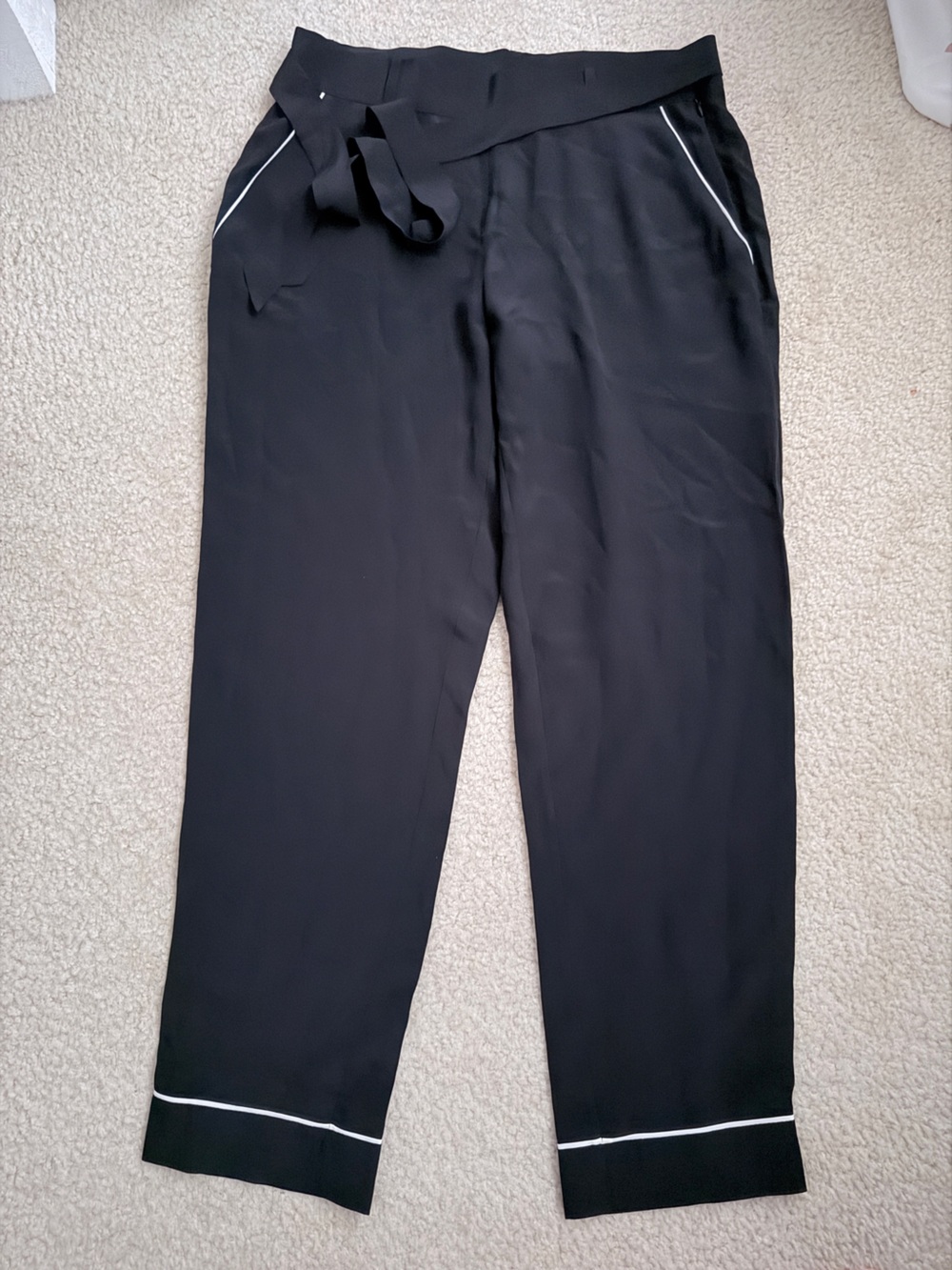 Sezane Black Silk Pants with White Piping Size 38